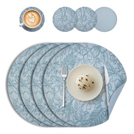 Round Placemats and Coasters Set of 4, Floral Leather Table Place Mats 34cm Dual Sided Placemats Non-Slip Heat Resistant Placemats Kitchen Coffee Table Mats Washable (Light Blue)