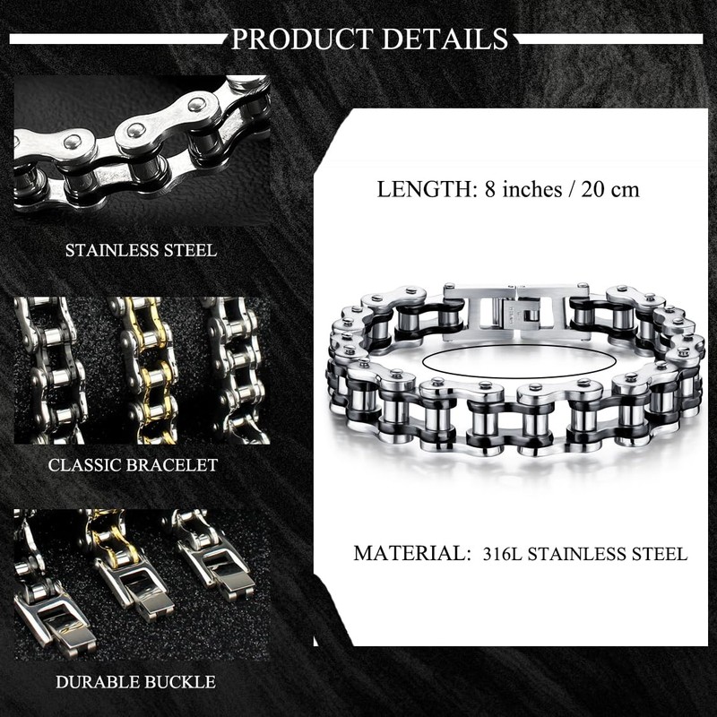 SeiMios Men's Bracelet Stainless Steel Motorcycle Bike Chain Bracelet Polished
