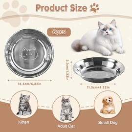 6 Pack Stainless Steel Cat Bowls, Shallow Wide Flat Cats Food Bowls, Whisker Friendly Shallow Cat Dishes, 6.4 Inches Anti Whisker Fatigue Cats Bowl Set for Food and Water