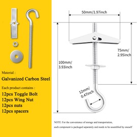 1/5" Heavy Duty Hook Toggle Bolts Set - 12 Packs Swag Hooks for Hanging Plants, Toggle Hooks Anchors for Drywall Hollow Walls & Heavy Hanging, Ceiling Anchors Hook Bolt Screw Kit (12)
