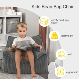 COMAX Kids Bean Bag Chair, Toddler BeanBag Sofa Chair Stuffed with Filler for Boys and Girls, Lazy Sofa Couch with Pocket for Playroom, Nursery Room, Dark Grey