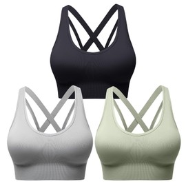 3 Pack High Support Sports Bra for Women, Multipack Criss Cross Back Running Yoga Bras Seamless Longline Workout Crop Top