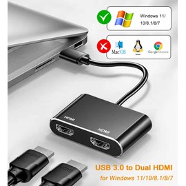 USB to HDMI Adapter for 2 Monitors, USB 3.0 to Dual HDMI Adapter 1920 * 1080P@60HZ Full HD Audio Video Graphics Converter Cable Comaptible with Windows 7/8/8.1/10/11