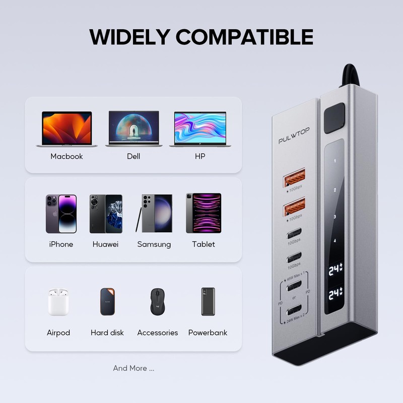 Hub USB C alimentado con alimentación, Hub USB PULWTOP compatible