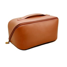 Dayify Large Makeup Bag, Portable Travel Cosmetic Bag, Large Opening PU Leather Makeup Organizer, Toiletry Bag for Travelling, Makeup Brush Storage Bag for Women Girls Gifts (Brown)