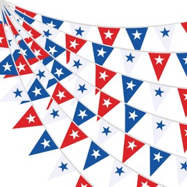 Wonmon 32.8 ft 4th of July Banners Triangle Flag, Fabric Red Blue White Pennant Bunting Garlands Independence Day Bunting for Patriotic Fourth of July Party Supplies Holiday Outdoor Decor