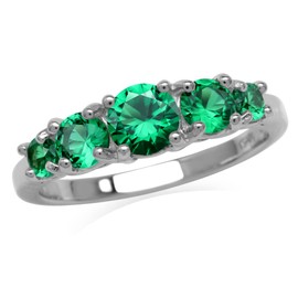 Silvershake 5-Stone Created Round Shape Nano Green Emerald White Gold Plated 925 Sterling Silver Ring May Gemstone Birthstone, Sterling Silver Rhodium (White Gold Plated), created green emerald