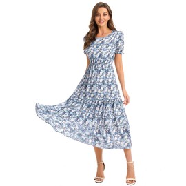 Shineflow Women's Summer Casual Crewneck Floral Print Puff Short Sleeve High Waist Midi Flowy Tiered Dresses (Blue,L)