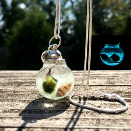 Glow In The Dark Marimo Moss Ball Necklace / Wearable Live Terrarium Necklace - 18" Necklace