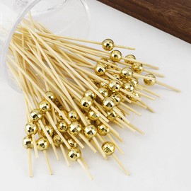 Cocktail Picks, Toothpicks for Appetizers 100PCS, Fancy Tooth Picks, 4.7 Inches Skewers for Fruit Kabobs, Gold Disco Party Supplies, Bamboo Sticks for Fruit Drinks Food Charcuterie Cocktail Garnish