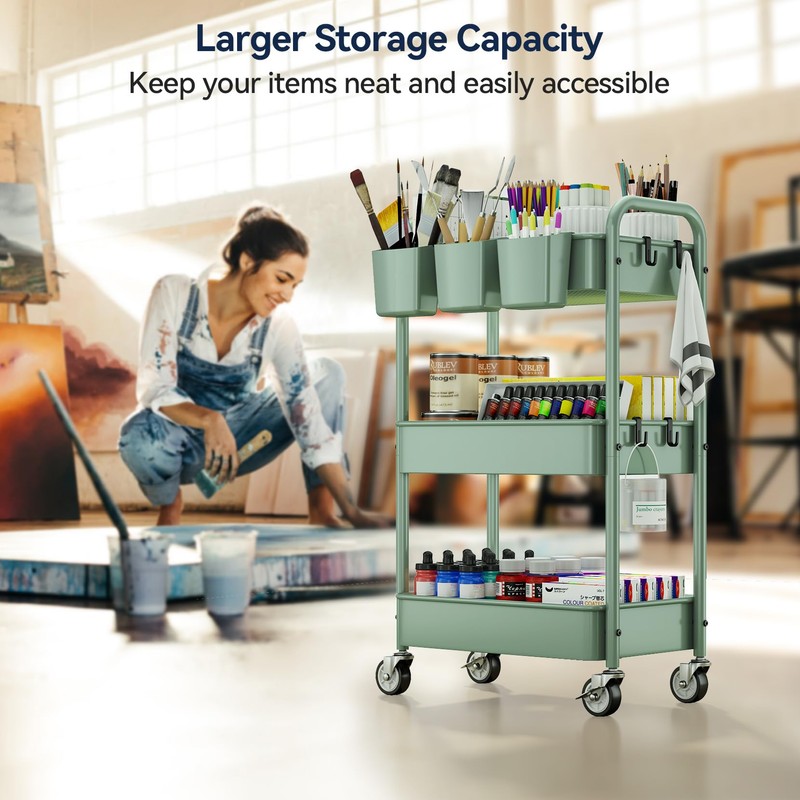 YASONIC 3-Tier Rolling Cart, Green, 66 Pounds Capacity, Mesh Storage