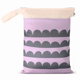 BebeBiu Baby Wet Bags for Cloth Nappies - Waterproof Polyester Wetbag with 2 Zip Pockets and Handle, Reusable, for Nursery, Changing Bag and On the Go, Pale Mauve Wave, Modern