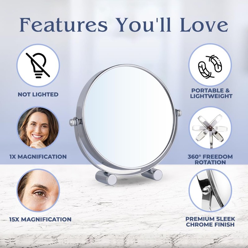Small 15X Magnifying Tabletop Mirror for Makeup - Double Sided