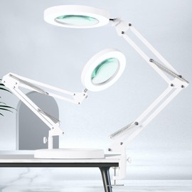 10X Magnifying Glass with Light, HITTI 1,800 Lumens Stepless Dimmable, 3 Color Modes, 4.2″ Real Glass Lens LED Magnifying Desk Lamp & Clamp, Magnifier Light and Stand for Crafts Close Work-White