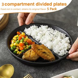 LRUUIDDE (5 Pack) Portion Control Plate for Balanced Eating, 9" Unbreakable Divided Plates,3 Compartment Round Plates, Reusable Plastic Plates, BPA Free for Kids Adults Bariatric Diet (Black)