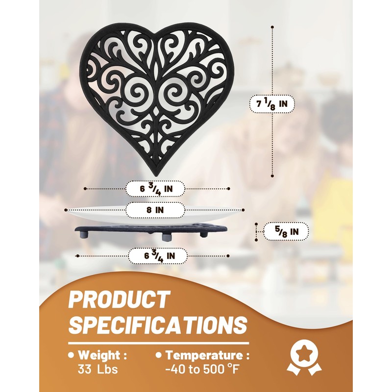 Black Heart Cast Iron Trivet for Kitchen & Dining -
