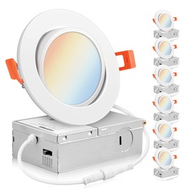PARMIDA (6 Pack) 4 Inch 5CCT Ultra-Thin LED Adjustable Gimbal Recessed Lighting with J-Box, 2700K/3000K/3500K/4000K/5000K 5 Color Selectable, 9W, Eyeball Canless Slim Panel Lights, Dimmable, IC, ETL