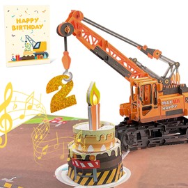 HZYKDWD 2nd Birthday Card with Light & Music, Crane Truck Card for Boy, Nephew, Grandson, Son, Toddler, with Envelope, Greeting Card - When Open, She Plays the Hit Happy Birthday