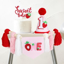 Strawberry 1st Birthday High Chair Banner - Sweet Strawberry Decorations Berry Party Photo Props Red Tassel Highchair Garland