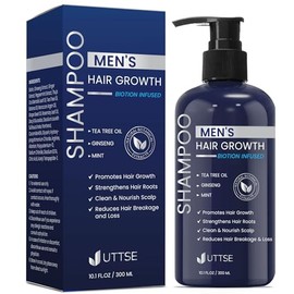 Uttse Biotin - Champú para el crecimiento del cabello para hombres: champú espesante natural con aceite de árbol de té, ginseng y menta para pérdida d