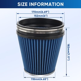 TIEVISHO 6" 152mm Cold Air Intake Filter Clamp-On Replacement High Flow Inlet Air Filter High Performance Washable Cone Filter 7" Tall Blue