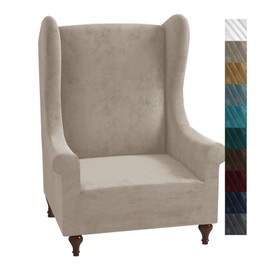 XINEAGE 1 Piece Velvet Wingback Chair Slipcover Stretch Wing Chair Cover Non Slip Furniture Protector with Foam Rods for Living Room (Wingback Chair, Khaki)