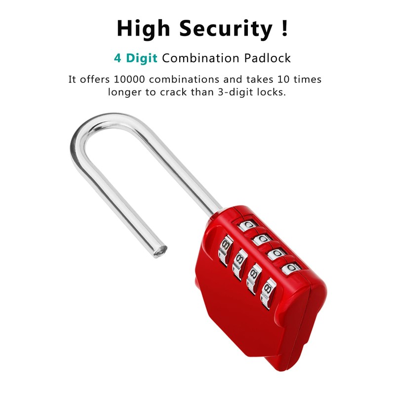 Zhege Red Long Shackle 4 Digit Combination Padlock for Gate,