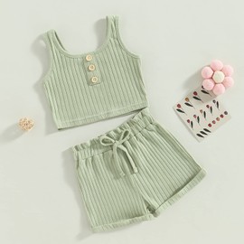 Yccutest Toddler Girl Summer Outfits Set Ribbed Cropped Vest Top High Waist Shorts Solid Clothing Set