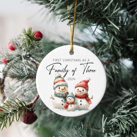 Family Christmas Ornaments 2024, Our First Christmas As A Family of Three Ornament, Snowmen Family Ceramic Ornament, Baby First Xmas Ornament, New Parents Gifts, Family Xmas Tree Decorations