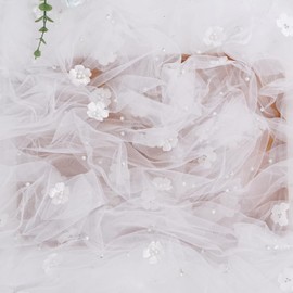 yuuzue White Pearl Table Runner Flower Pearl Tulle Tablecloth Sheer Fabric Lace Beaded Pearl Table Cover for Wedding Arch Veil Bridal Shower Sweetheart Dessert Table Decor 63 x118 Inches