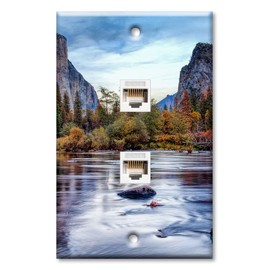 Art Plates - Two Port RJ45 Ethernet decorative printed keystone style wall plate. Works with Cat5 through Cat8 cables. Female to Female Connections. - River Between Mountains