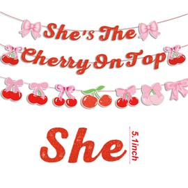 3 Pcs Cherry Party Decorations, Red She's The Cherry On Top Banner Cherry Bow Banners for Cherry On Top Birthday Baby Shower Decorations