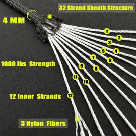 VVAAGG 1000lb Paracord Rope 200FT Utility Parachute Cord 4mm Heavy Duty 12 Strand Nylon Rope for Climbing Camping, Tent, Clothsline, Outdoor Hiking, Fishing (Black, 200FT)