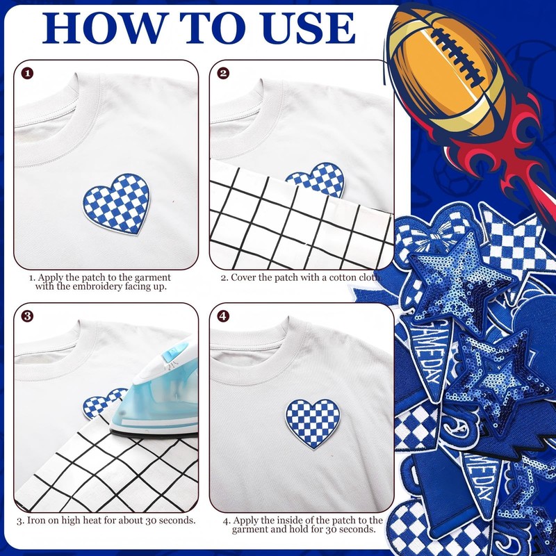 Glitinsel 24 Pcs Blue Football Cheer Patches Iron on for