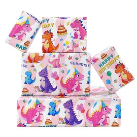 Prehistoric Vibrant Dinosaur Jurassic Gift Wrap Dino Roar Princess Pink Wrapping Paper Baby Girl Kids For Birthday Christmas Party Baby Shower, Folded Flat 30 x 20 Inch, 6 Sheets in 1 Designs: 23sq. ft. ttl