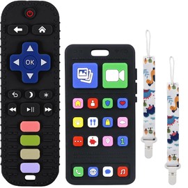 ABIGALE Mordedera para Bebé - Mordedores de Silicona sin BPA para Bebés de 0 a 6 Meses, Juguetes de Dentición con Diseño de Control Remoto y Teléfono, Incluye Correas Anticaída, Set de 2