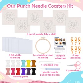 Louise Maelys 6PCS Punch Needle Kits for Beginners and Adults,Embroidery Kit Tool Threader Fabric Hoop Yarn Rug Tufting Coaster Art and Crafts（Cats and Dogs Pattern Ornament）