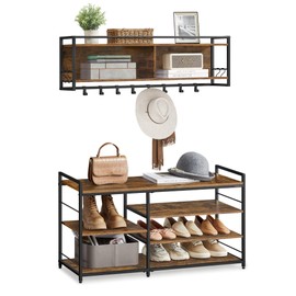 VASAGLE Hall Tree with Shoe Bench, Coat Rack Shoe Bench Set, Entryway Furniture, Multifunctional, 12 Metal Hooks, 4-Tier Shoe Rack, for Entryway, Bedroom, Rustic Brown ULSB108K01
