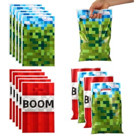 SAVITA 50pcs Pixel Party Favor Bags, Video Game Theme Gift Treat Bags Boom Plastic Candy Snack Bag with Handles for Kids Boys Girls Gamers Pixel Birthday Party Supplies (Blue, Green, Red)