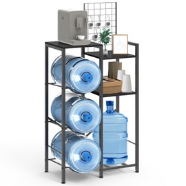 5 Gallon Water Jug Holder, Water Dispenser Stand with Wood Storage Shelves 5 Hooks, 5 Gal Water Bottle Holder Storage Rack for Kitchen, Office, Living Room, Garage Organizer, Rustic Black