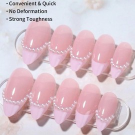 24Pcs Pink French Tip Press on Nails Medium CEWEWP Almond Fake Nails with Pearl Glossy Designs Full Cover Nude Pink False Nails Stick on Nails for Women Girls Acrylic Nail Manicure Salon Decorations