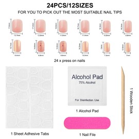 Pink Glitter Press on Nails, 24PCS/12Sizes Short Square Fake Nails Kit, Full Cover Acrylic False Nail, Artificial Glossy Stick on Nail for Women Manicure