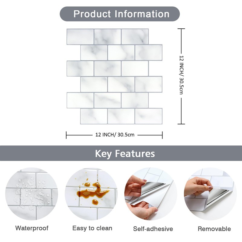 CHIHUT 12''x12'' White 3D Marble Peel and Stick Backsplash Tiles
