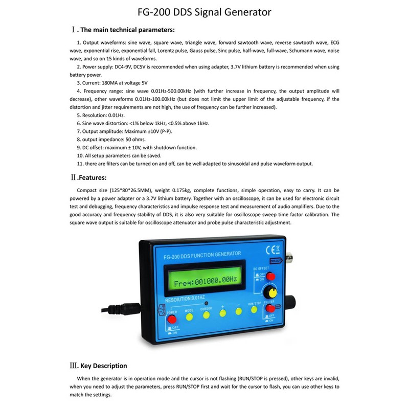 Function Generator FG-200 DDS Multifunctional 0.01Hz‑500KHz Sine Square Sawtooth High
