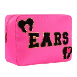 Dealkion Mouse Ears Bag Travel Case Hair Accessories Organizer Bow Mouse Ears Headbands Holder Storage Nylon Large Chenille Letter Makeup Bag Park Travel Essentials Gifts for Women