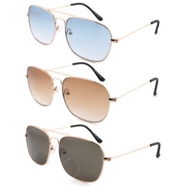 FEIVSN 3 Pack Aviator Bifocal Reading Sunglasses for Men Wome Double Bridge Sun Readers Gradient Lens Metal Frame Shades, Rose Gold/Light Gold Frame, Gradient Blue Brown G15, + 1.0