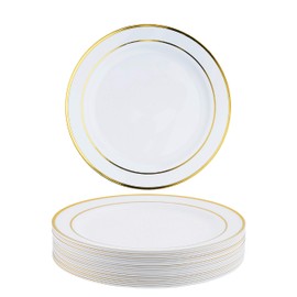 MATANA - 25 Premium Multi-Use Plastic Dessert Side Party Plates with Gold Rim - 19cm / 7.5" - Perfect for Starters, Appetisers, Cakes, Bread, Puddings
