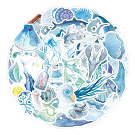Watercolor Ocean Animal Stickers 50 Pcs Cute Waterproof Sea Life Stickers for Laptop Skateboard Water Bottle Phone Guitar Scrapbook Bike Cars,Vinyl Cartoon Ocean Plants Stickers for Kids Adults