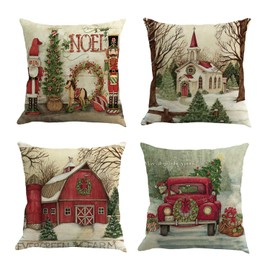 Miytal Christmas Pillow Covers 18 x 18 Inches Set of 4 Xmas Series Red Truck Retro Throw Pillowcase Cushion Cover Case Cotton Zipped Square Christmas Decorations