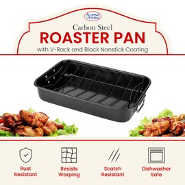 Alpine Cuisine Turkey Roaster Pan with Rack 16-Inch - Nonstick Coating Carbon Steel Pan - Black & Heavy Duty Roasting Pan - Easy to Clean, Multipurpose Use - Durable & Dishwasher Safe